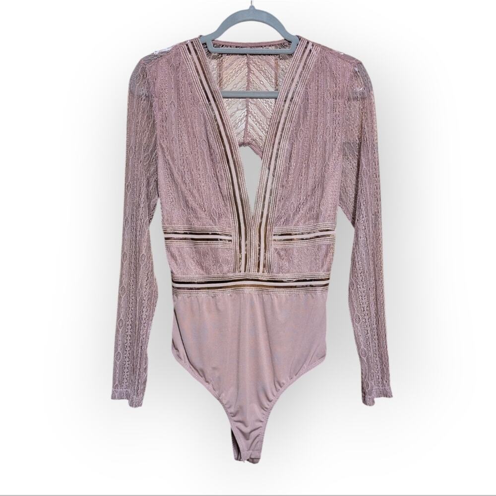 Lulus Casita Sheer Lace Long Sleeve Bodysuit Mauve Rose Nylon Spandex Fantasy